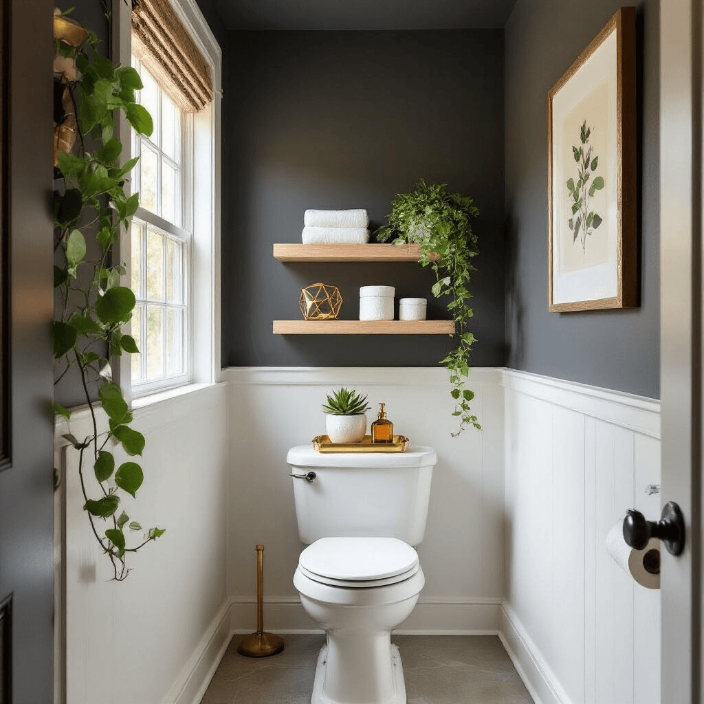How to Actually Make Your Toilet Room Look Like You Planned It (Not Like an Afterthought) Medium shot of an elegant powder room with deep charcoal gray walls and ceiling, featuring warm natural light from a frosted window, white porcelain toilet with decorative accents, floating oak shelves with organized décor, a small cabinet with a ceramic lamp, and a gallery wall of vintage botanical prints, all creating a cozy, luxurious atmosphere.