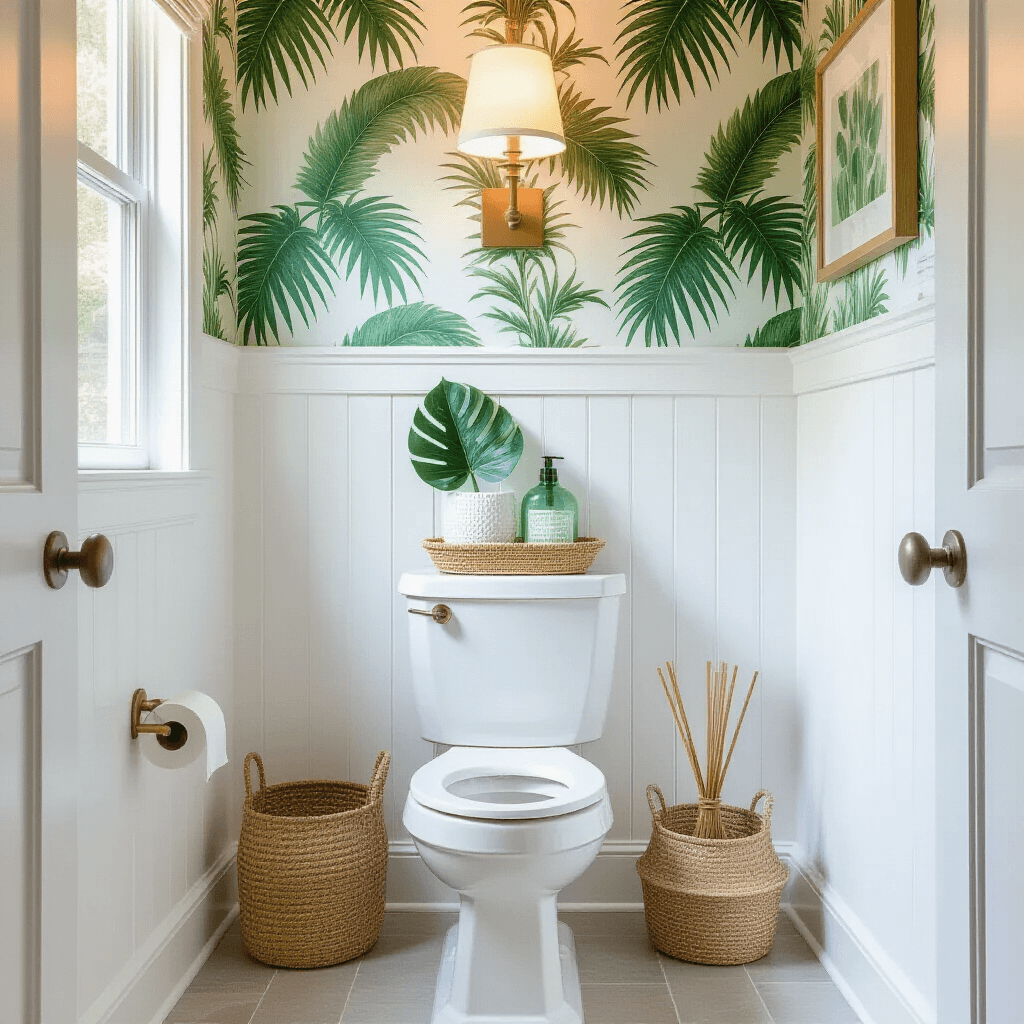 How to Actually Make Your Toilet Room Look Like You Planned It (Not Like an Afterthought) A vibrant bathroom with tropical palm leaf wallpaper, faux wainscoting, and bright morning light, featuring a white toilet, botanical decor, and a gallery wall of botanical drawings, creates a lush, sophisticated atmosphere.