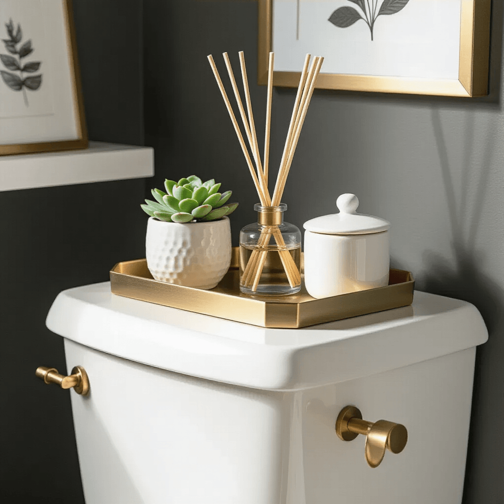 How to Actually Make Your Toilet Room Look Like You Planned It (Not Like an Afterthought) Close-up of an elegantly styled toilet tank featuring a brass hexagonal tray with a white ceramic pot containing a faux succulent, a clear glass reed diffuser, and a white lidded box, set against charcoal gray walls and warm natural lighting, emphasizing a sophisticated design aesthetic.