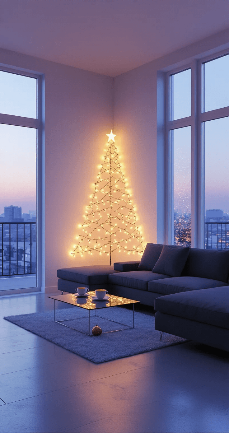 Wall Christmas Trees: 5 Gorgeous Styles That Won't Eat Your Living Room A cozy modern studio apartment at twilight, featuring a minimalist fairy light Christmas tree on the wall, a charcoal sectional sofa, and a glass coffee table with warm tea cups, all bathed in soft purple-blue light from floor-to-ceiling windows.