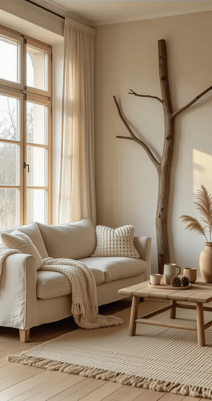 Wall Christmas Trees: 5 Gorgeous Styles That Won't Eat Your Living Room Warm Scandinavian living room during golden hour, featuring a rustic stick wall tree made of weathered branches, a beige linen sofa with chunky knit throws, and a wooden coffee table with ceramic mugs and pine cones, all bathed in soft sunlight through sheer linen curtains.
