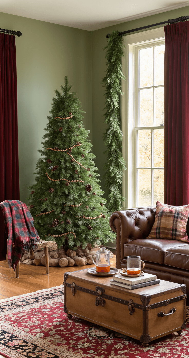 Wall Christmas Trees: 5 Gorgeous Styles That Won't Eat Your Living Room Cozy traditional living room featuring a sage green accent wall, mahogany hardwood floors, and a large window with burgundy velvet curtains. A cognac leather chesterfield sofa with plaid throws faces a 150cm evergreen garland wall tree adorned with cinnamon sticks and pine cones. A vintage trunk coffee table holds hot cider and books, while a Persian rug in deep reds and golds adds warmth to the scene, illuminated by golden hour lighting.
