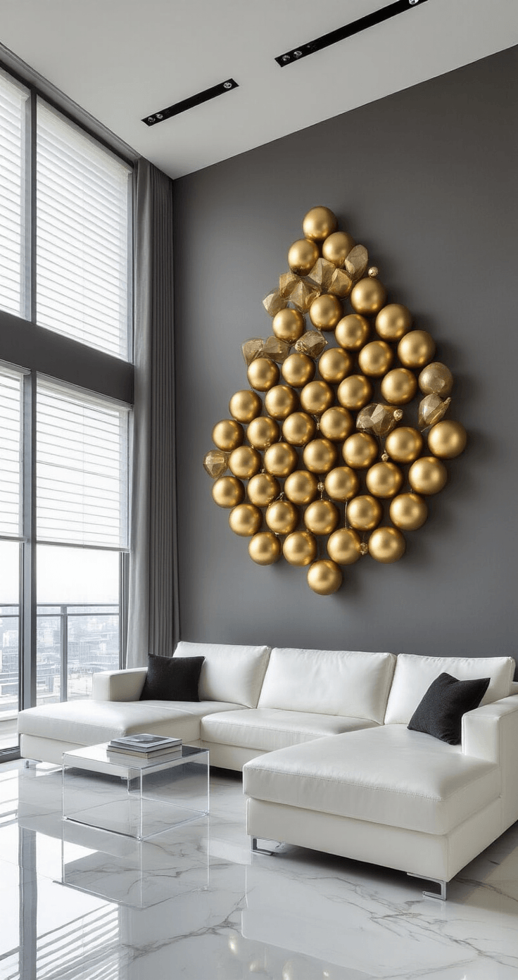 Wall Christmas Trees: 5 Gorgeous Styles That Won't Eat Your Living Room Sleek contemporary apartment living room featuring a charcoal grey accent wall, polished white marble floors, and expansive windows. A white Italian leather sectional faces a 140cm high geometric ornament tree made of gold glass baubles. A lucite waterfall coffee table holds architectural books, while minimal white floating shelves display sculptural objects, all captured from a low angle emphasizing clean lines and metallic reflections.