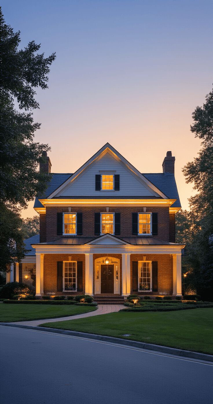 Outdoor Christmas Lights Ideas That'll Make Your Neighbors Jealous (In a Good Way) Two-story colonial home at golden hour, illuminated by C9 bulbs along the roofline against a warm amber sky, with a honey-colored brick facade, charcoal gray shutters, and a manicured lawn showcasing subtle landscape lighting.