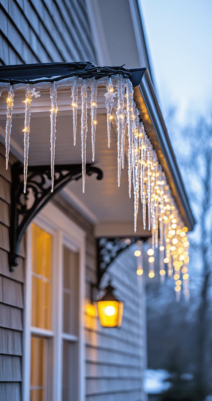 Outdoor Christmas Lights Ideas That'll Make Your Neighbors Jealous (In a Good Way) Close-up shot of cascading icicle lights from a porch overhang, illuminated against a rustic gray cedar backdrop, with a blurred background and warm ambient lighting from nearby windows, evoking a cozy winter atmosphere.