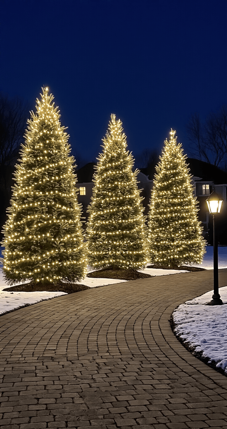 Outdoor Christmas Lights Ideas That'll Make Your Neighbors Jealous (In a Good Way) A low-angle night shot of three illuminated blue spruce trees wrapped in warm white lights, forming a luminous alley along a curved brick driveway, with a traditional lamp post on the right and snow patches on dormant grass, against a dark winter sky.