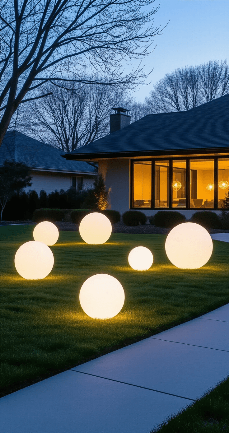 Outdoor Christmas Lights Ideas That'll Make Your Neighbors Jealous (In a Good Way) Medium shot of illuminated spheres on a manicured lawn during twilight, with a modern ranch-style home in the background and bare trees framing the scene.