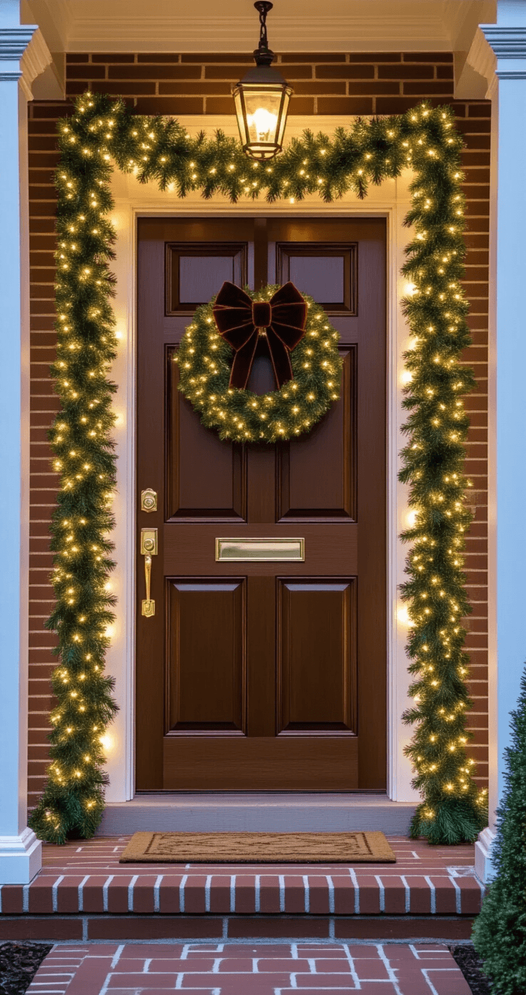 Outdoor Christmas Lights Ideas That'll Make Your Neighbors Jealous (In a Good Way) Intimate photograph of a decorated front door entrance featuring a rich mahogany door, illuminated garland, deep burgundy velvet bow, and soft white columns, creating a warm and inviting holiday ambiance.