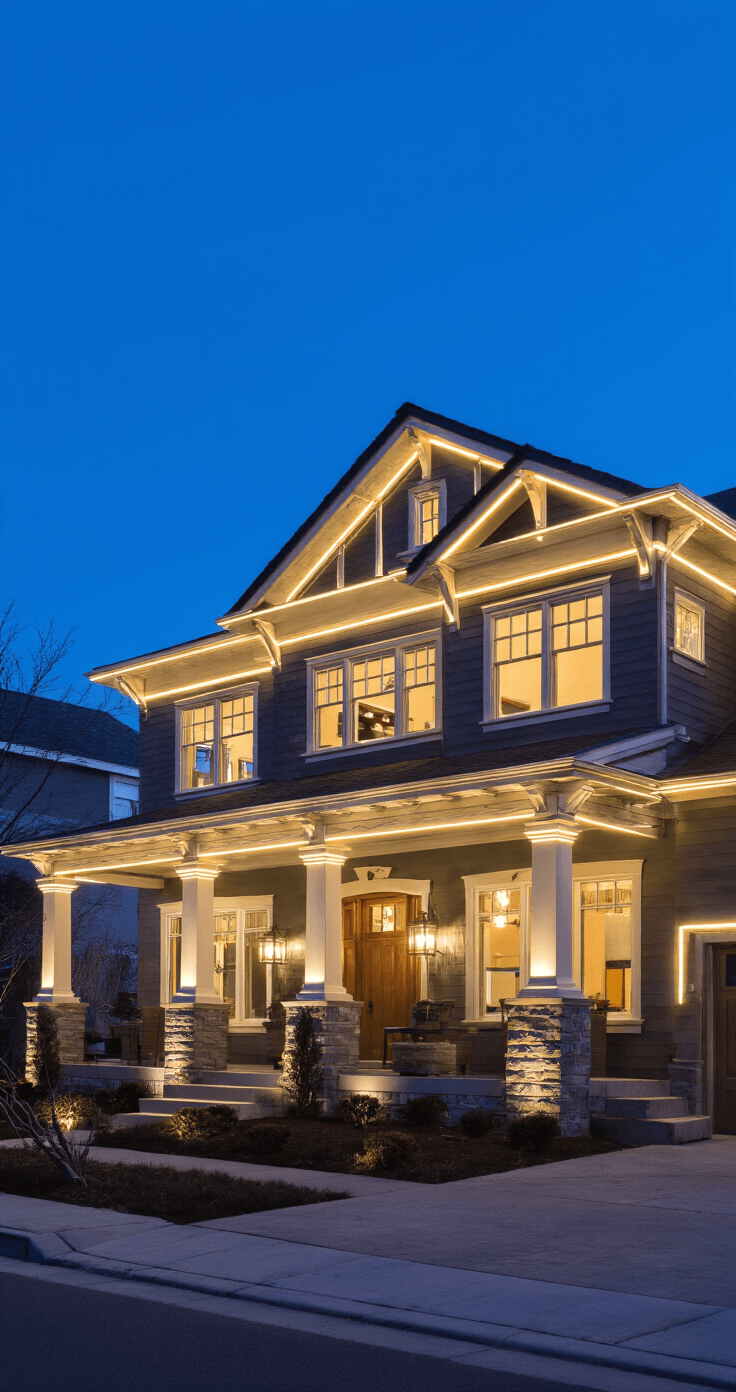 Outdoor Christmas Lights Ideas That'll Make Your Neighbors Jealous (In a Good Way) Elevated exterior shot of a two-story craftsman style home beautifully lit during blue hour, with LED rope lights accentuating architectural features amidst a clear winter sky.