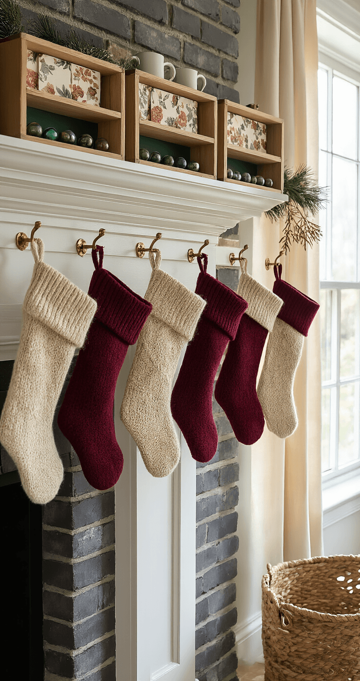 DIY Stocking Holders That'll Make Your Mantel Actually Look Good Cozy living room mantel during golden hour, featuring five handcrafted wooden box stocking holders with forest green edges, cream scrapbook paper panels, and embedded glass marbles reflecting light. Burgundy and cream knitted stockings hang from brass hooks, with a backdrop of aged charcoal gray brick and garland intertwined with copper ribbon. Warm light creates golden highlights on resin surfaces, captured with shallow depth of field.