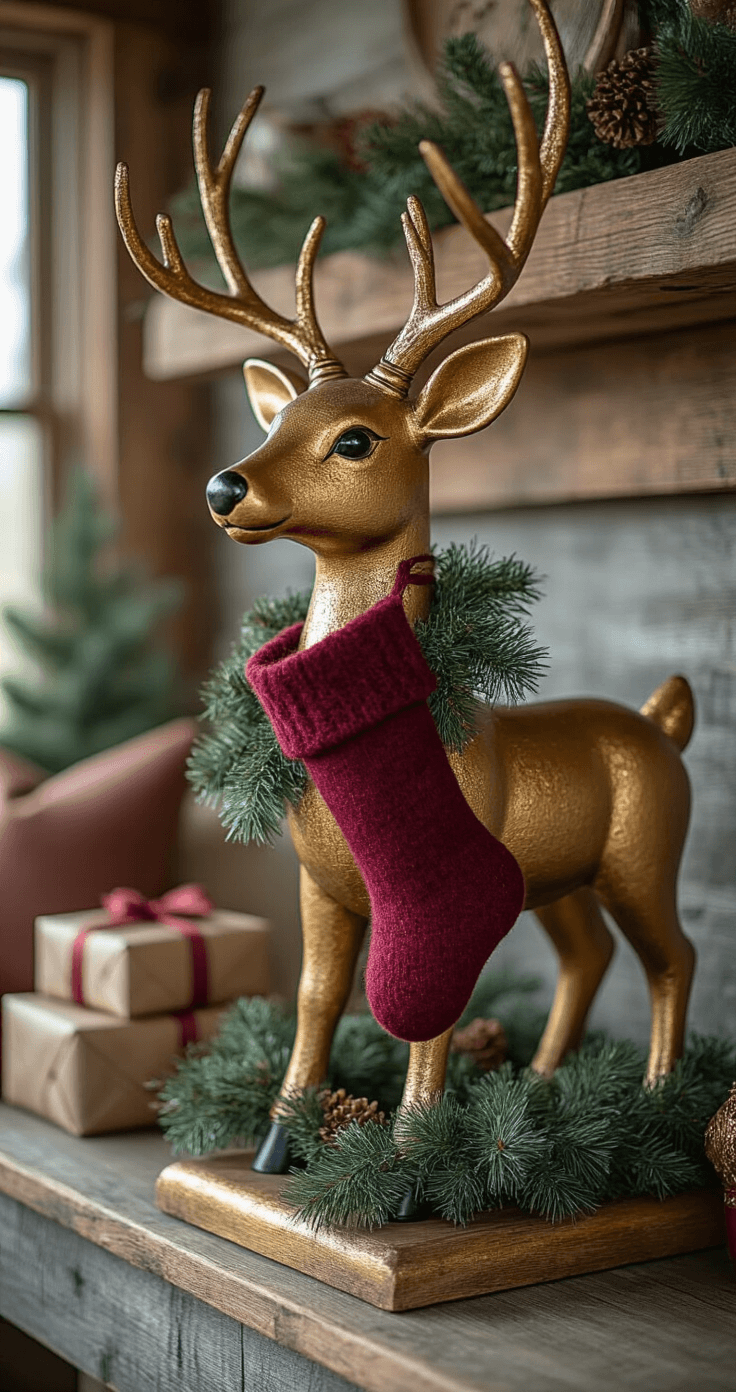 DIY Stocking Holders That'll Make Your Mantel Actually Look Good Close-up detail of a metallic gold reindeer stand holder with faux pine garland and a burgundy wool stocking, set on a reclaimed wood mantel in a rustic farmhouse living room, captured in soft afternoon light.