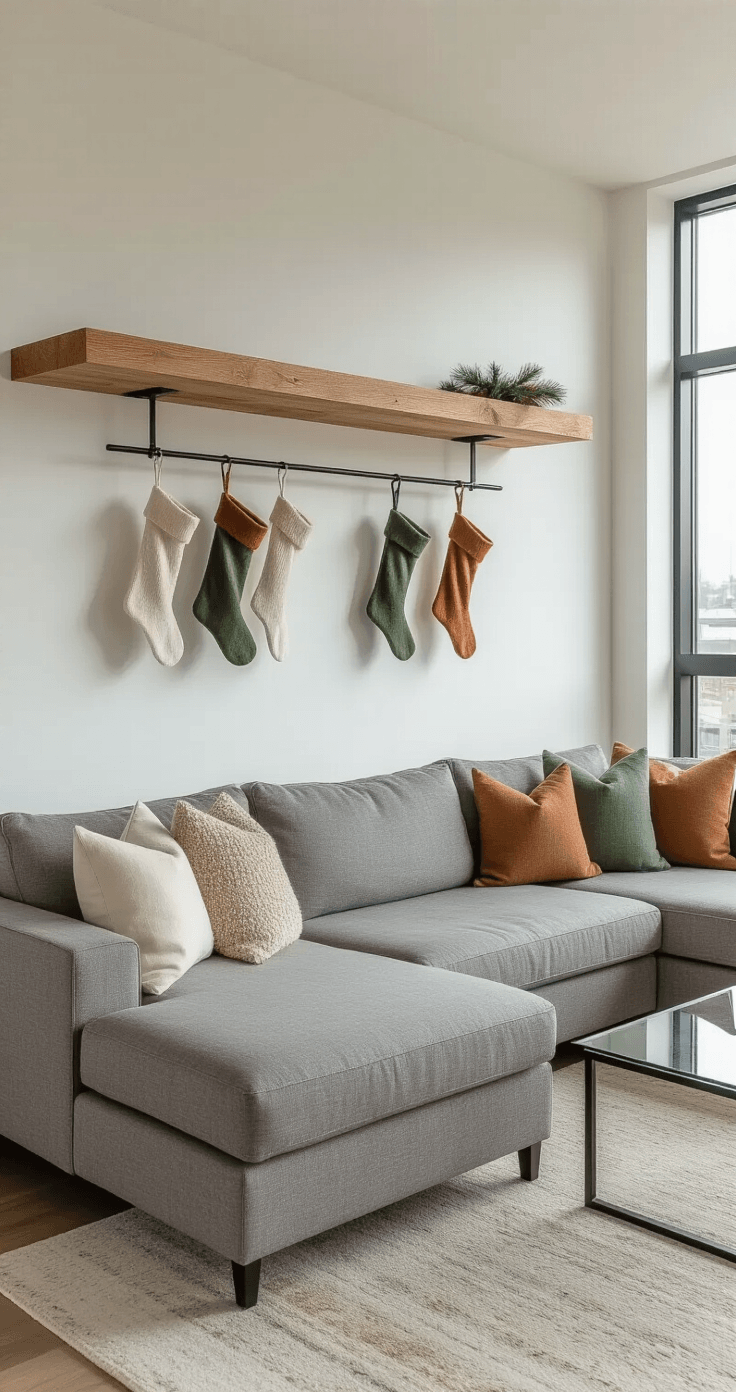 DIY Stocking Holders That'll Make Your Mantel Actually Look Good Wide shot of a modern living room featuring a DIY stealth shelf above a gray sectional sofa, holding four decorative stockings. The honey oak shelf has hidden hooks underneath, with minimalist holiday decor on a glass-top console table below. Natural light streams through large windows, illuminating the clean white wall.
