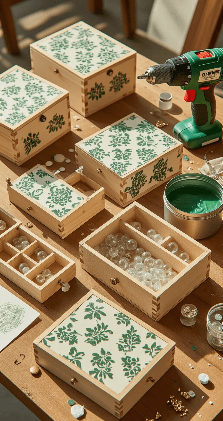 DIY Stocking Holders That'll Make Your Mantel Actually Look Good A crafting table bathed in bright daylight showcases the wooden box creation process, featuring unpainted Dollar Tree boxes, half-finished boxes with deep green paint, and cream damask scrapbook paper. Open Mod Podge containers with foam brushes, scattered flat-back glass marbles, and mixing cups with clear epoxy resin are visible, along with a cordless drill and brass cup hooks on a natural pine wood table scattered with paint drops and debris, all captured from a 45-degree overhead angle with even lighting.