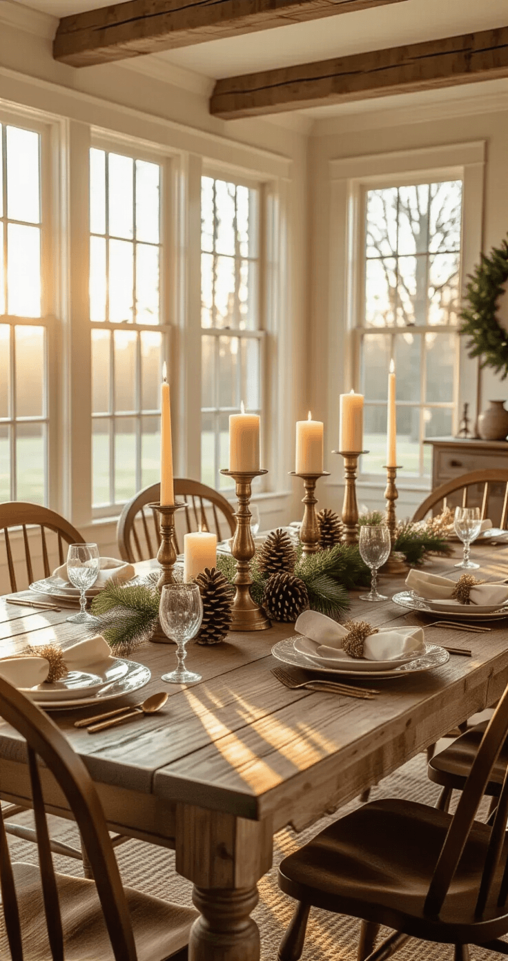 Simple Christmas Table Decorations That'll Make Your Guests Go "Wow!" (Without Breaking a Sweat) A cozy rustic dining room set for Christmas dinner, featuring a wooden farmhouse table adorned with vintage brass and pewter candlesticks, cream-colored candles, and evergreen sprigs, illuminated by golden hour sunlight streaming through tall windows.