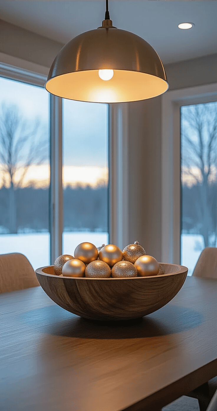 Simple Christmas Table Decorations That'll Make Your Guests Go "Wow!" (Without Breaking a Sweat) A modern dining room at blue hour with a walnut table centered by a decorative dough bowl filled with metallic Christmas ornaments, featuring mid-century modern furniture and floor-to-ceiling windows showcasing a dusky winter landscape.