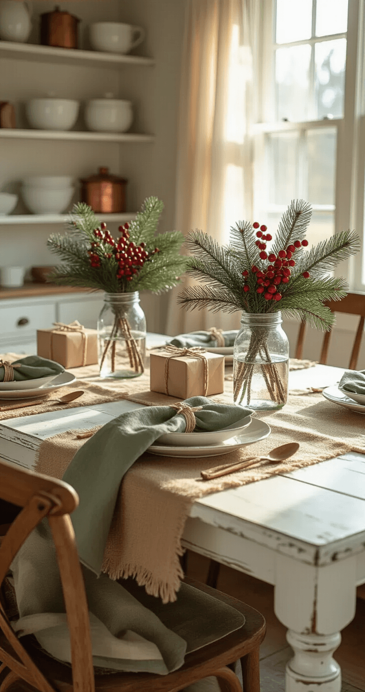 Simple Christmas Table Decorations That'll Make Your Guests Go "Wow!" (Without Breaking a Sweat) Cozy cottage-style dining nook with rustic centerpieces of mason jars filled with pine branches and red winterberries on a distressed white farmhouse table, accented by burlap runners, mismatched vintage plates, and sage green linen napkins, all bathed in warm afternoon light.