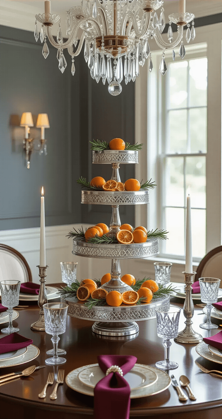 Simple Christmas Table Decorations That'll Make Your Guests Go "Wow!" (Without Breaking a Sweat) An elegant formal dining room with a three-tiered silver cake stand adorned with mercury glass ornaments, dried orange slices, and fresh rosemary, surrounded by white taper candles in crystal candlesticks, set against a deep mahogany table. The room features crown molding, wainscoting in Classic Gray, and a crystal chandelier casting prismatic light, with fine china and burgundy cloth napkins on the table, captured in soft afternoon lighting.