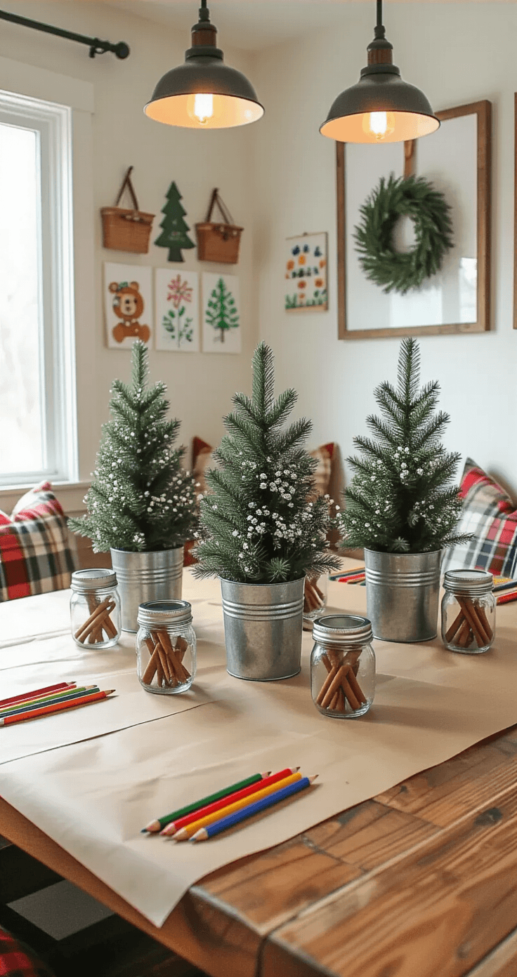 Simple Christmas Table Decorations That'll Make Your Guests Go "Wow!" (Without Breaking a Sweat) A cozy family dining space viewed from a child's perspective, featuring a kraft paper-covered table adorned with Mason jars of cinnamon sticks and baby's breath, colorful drawing supplies at each place setting, and a centerpiece of miniature evergreen trees in metal buckets, all illuminated by warm LED string lights amidst a backdrop of plaid cushions and children’s artwork.