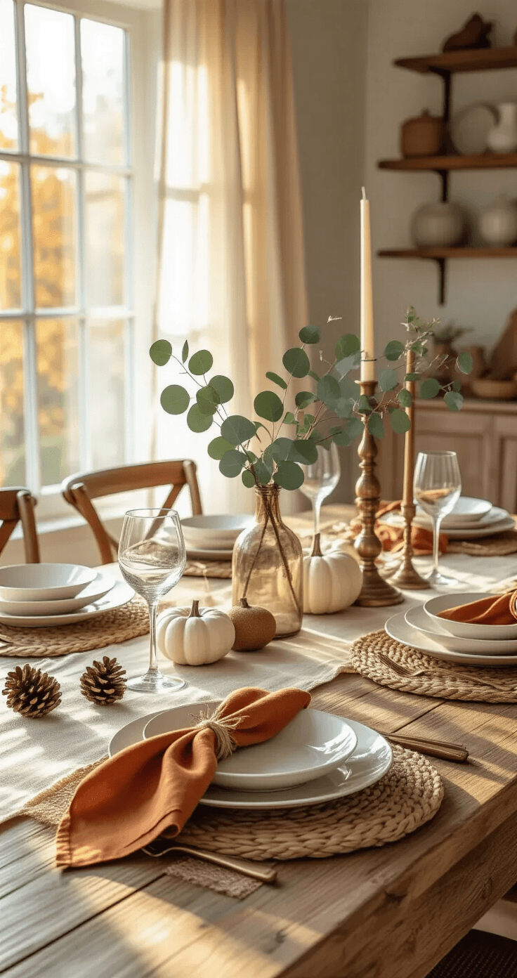 Thanksgiving Tablescapes That'll Make Your Guests Actually Want to Sit Down A warmly lit dining room featuring a rustic wooden table set with cream linen and burlap, layered place settings, eucalyptus branches in vintage bottles, mini white pumpkins, and brass candlesticks, all captured from a low angle to emphasize intimate details.