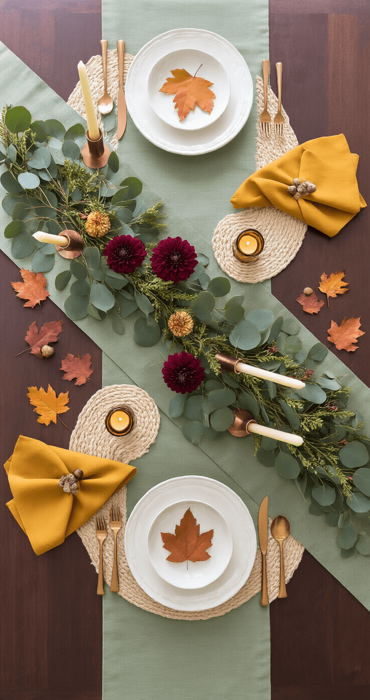 Thanksgiving Tablescapes That'll Make Your Guests Actually Want to Sit Down An overhead view of an elegant Thanksgiving tablescape featuring a sage green table runner on a dark walnut table, cream placemats with white porcelain dinnerware, a garland of fresh eucalyptus and burgundy dahlias in glass votives, copper candlesticks with ivory tapers, mustard yellow napkins, bronze flatware, and scattered acorns and autumn leaves; all illuminated by soft late afternoon light.