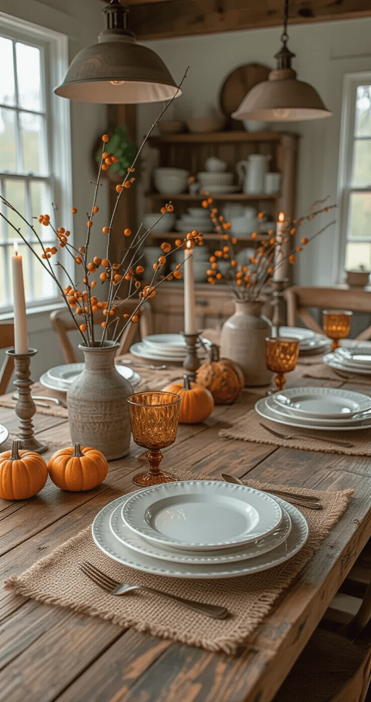 Thanksgiving Tablescapes That'll Make Your Guests Actually Want to Sit Down Cozy farmhouse dining space featuring a reclaimed wood table with mismatched white ironstone plates and amber glass chargers, adorned with a flowing centerpiece of branches, berries, mini pumpkins, and brass lanterns, illuminated by warm pendant lights and candlelight.