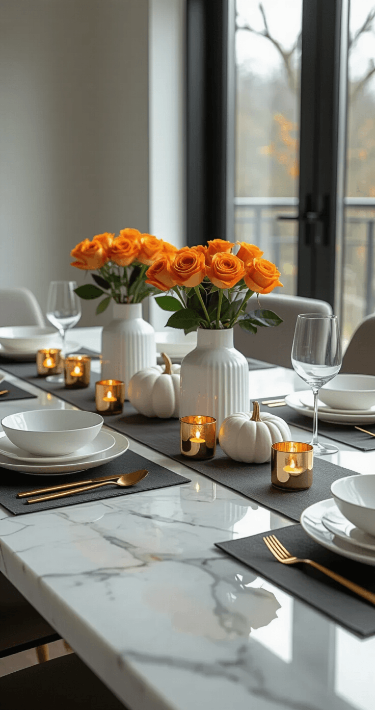 Thanksgiving Tablescapes That'll Make Your Guests Actually Want to Sit Down Sophisticated modern dining room with a marble-topped table set for dinner, featuring gray table runner, black placemats, white bone china, gold-rimmed glassware, and polished gold flatware. Geometric centerpiece of white ceramic vessels with orange roses, small white pumpkins, and gold votive candles. Dramatic side lighting enhances the luxurious textures and clean lines of the space.