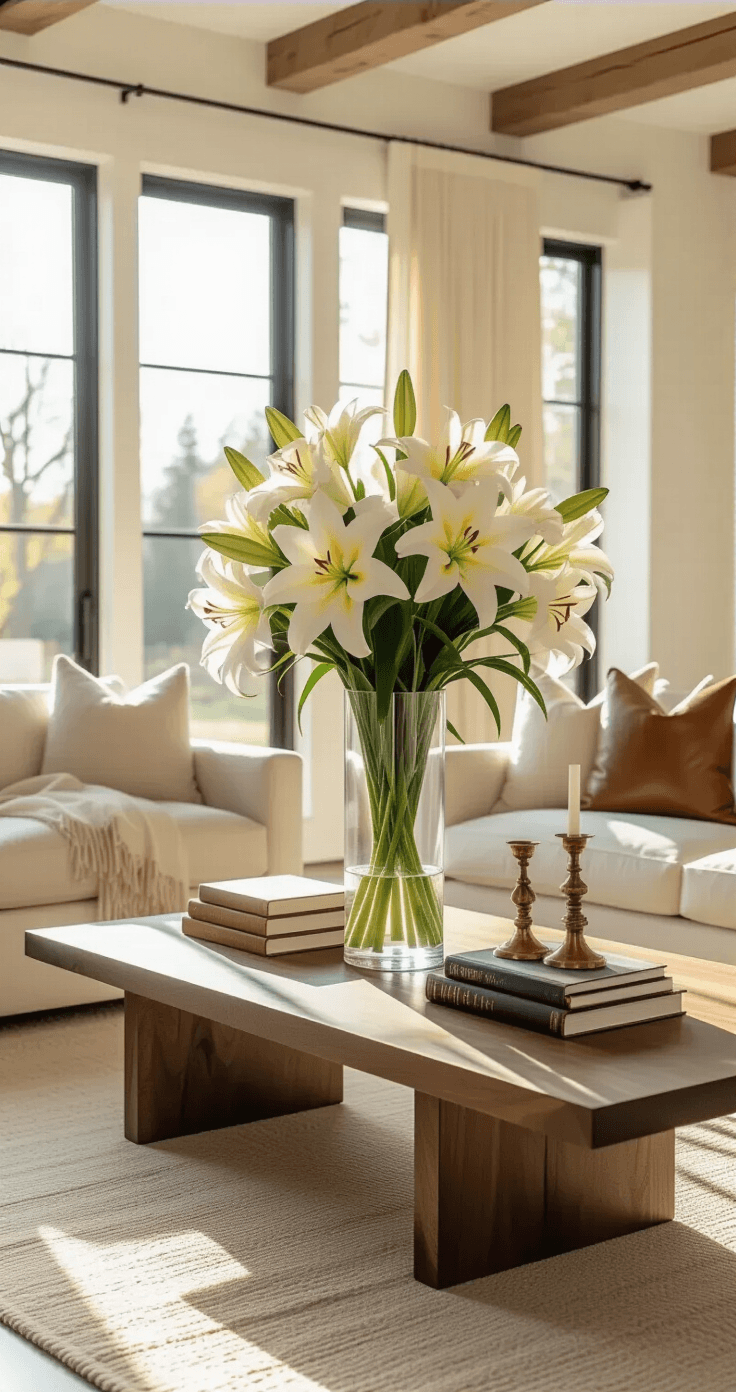 Lilies: Everything You Need to Know About Growing These Stunning Blooms in Your Garden Modern living room with a tall crystal vase of large white and yellow Asiatic lilies on a walnut coffee table, cream linen sofa, textured throw pillows, polished concrete floors, and exposed white oak beams, illuminated by warm golden hour light.