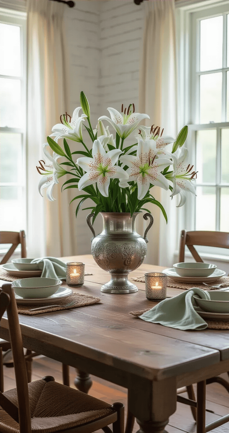 Lilies: Everything You Need to Know About Growing These Stunning Blooms in Your Garden Dining room vignette featuring Oriental lilies in an antique silver urn on a reclaimed pine farmhouse table, with soft afternoon light, whitewashed brick walls, wide-plank dark walnut floors, mismatched vintage chairs, earthy ceramic plates, sage green linen napkins, and mercury glass tea lights, creating a romantic ambiance.