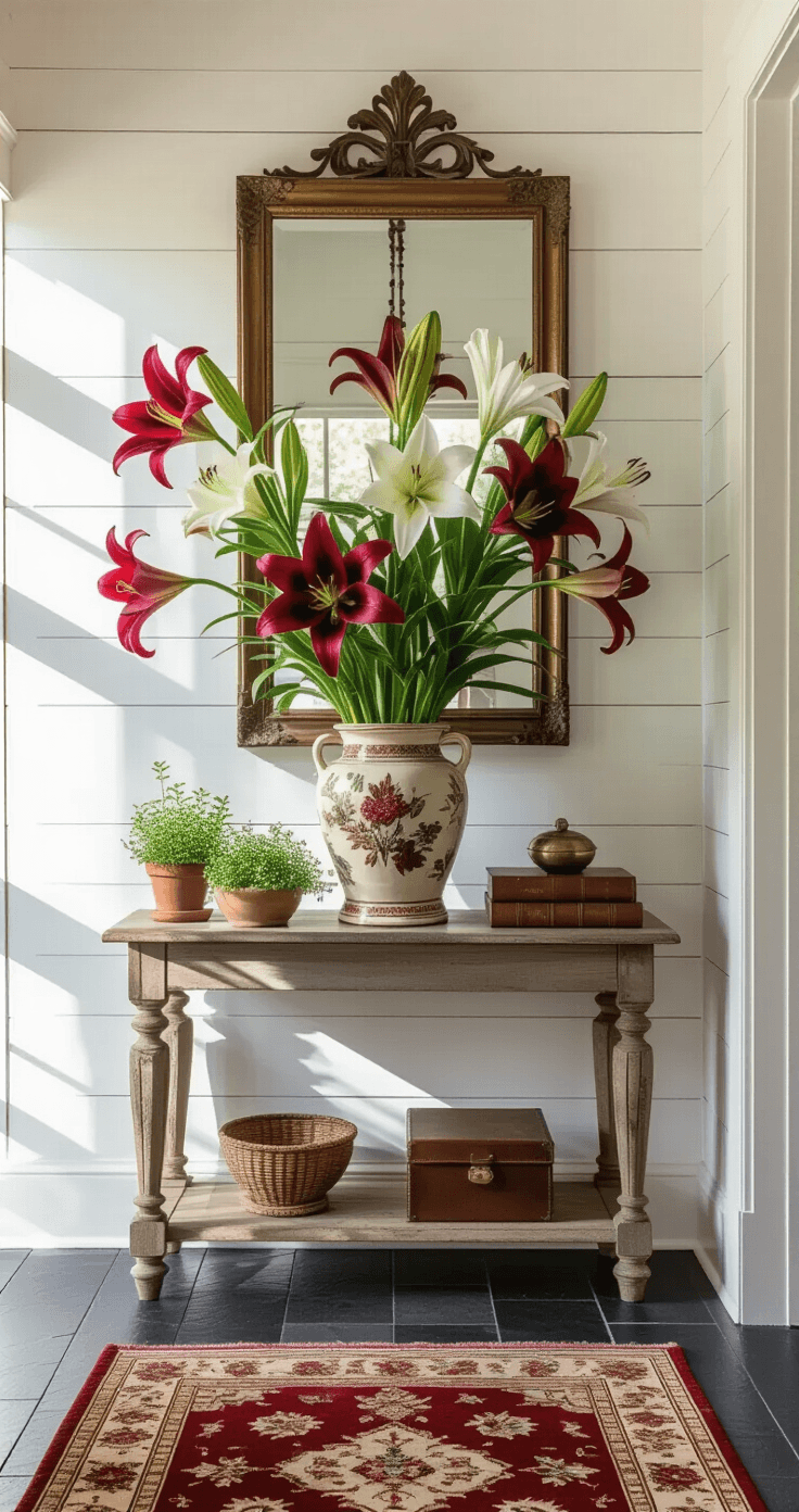 Lilies: Everything You Need to Know About Growing These Stunning Blooms in Your Garden Elegant foyer with trumpet lilies in burgundy and cream in a ceramic vessel on a weathered wood console table, illuminated by morning light from a glass-paneled door, showcasing dark slate floors, 12-foot ceilings, white shiplap walls, and a Persian runner, with decorative elements including a vintage mirror, potted herbs, and brass objects.