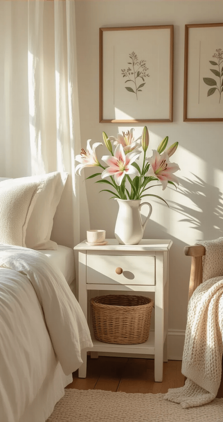 Lilies: Everything You Need to Know About Growing These Stunning Blooms in Your Garden Cozy bedroom corner with pink LA Hybrid lilies in a white ceramic pitcher on a vintage nightstand, soft morning light filtering through gauze curtains, pale oak floors, cream-colored walls, a linen-dressed bed with textured pillows, a wooden stool with a woven basket, vintage botanical prints, and a chunky knit throw on a reading chair, creating a peaceful and restful atmosphere.