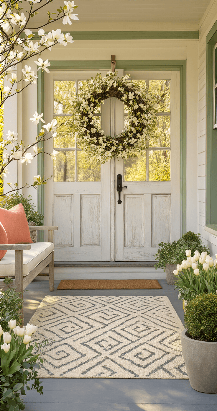 How to Decorate Your Home for Spring Without Looking Like You Tried Too Hard Photorealistic wide-angle view of a spring front porch featuring weathered white doors with sage green trim, a large grapevine wreath with forsythia, a geometric outdoor rug, ceramic planters with tulips and ivy, and a wooden bench with coral cushions, all bathed in warm golden hour sunlight and surrounded by blooming dogwood trees.
