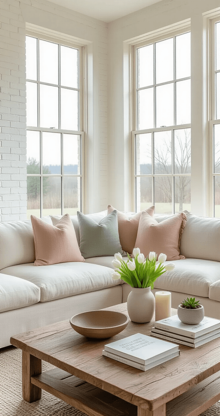 How to Decorate Your Home for Spring Without Looking Like You Tried Too Hard A bright and airy living room with floor-to-ceiling windows, featuring a warm cream linen sectional sofa adorned with soft blush pink and sage green throw pillows. A reclaimed wood coffee table showcases a vignette of white tulips, design books, a concrete planter with succulents, and an ivory candle, all set against whitewashed brick walls and natural oak flooring. Shot from a low angle to highlight the coffee table and the room's spaciousness.