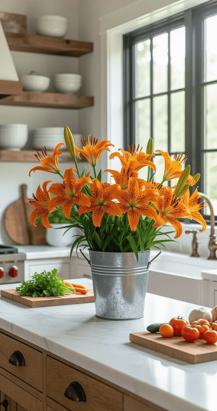 Lilies: Everything You Need to Know About Growing These Stunning Blooms in Your Garden Spacious gourmet kitchen featuring wild Tiger lilies in a rustic galvanized bucket on a white marble island, illuminated by midday light, surrounded by fresh herbs, vintage brass fixtures, and farmers market vegetables.