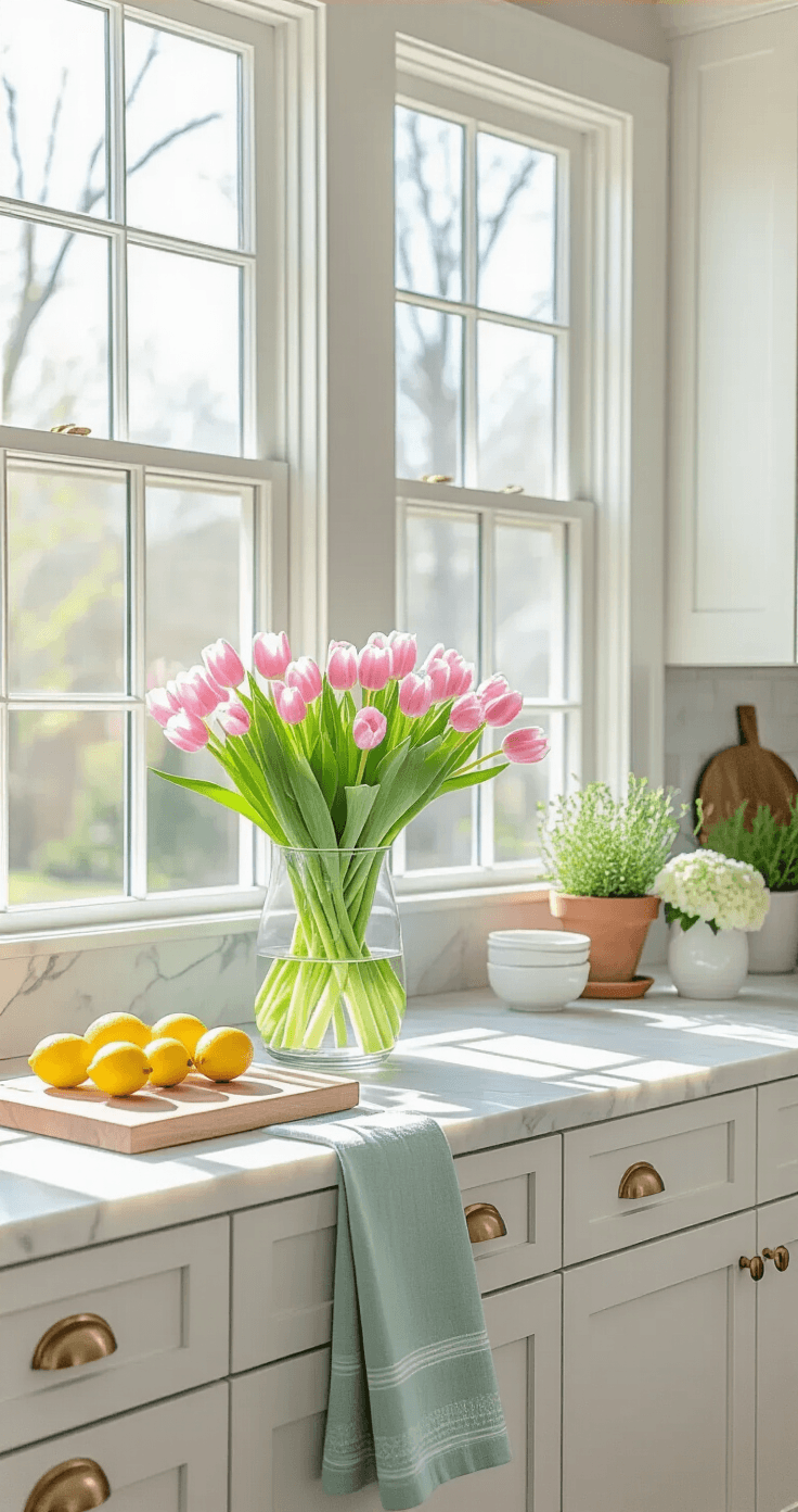 How to Decorate Your Home for Spring Without Looking Like You Tried Too Hard Bright kitchen interior with white marble countertops, shaker cabinets, fresh flowers, and mint green towels, illuminated by afternoon light.