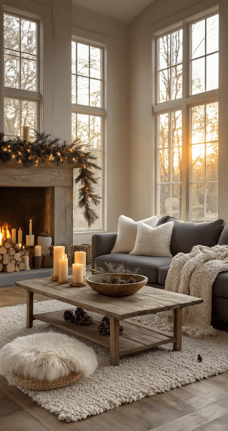 How to Transform Your Home with Non-Christmas Winter Decor That Actually Looks Good Photorealistic living room interior during golden hour, featuring warm amber sunlight, tall windows, hardwood floors, a rustic wooden mantel adorned with pine garland and candles, a charcoal linen sofa with oatmeal throw and white faux fur pillows, a weathered dough bowl with eucalyptus and string lights on the coffee table, and a sheepskin rug, all in a cozy and serene atmosphere.