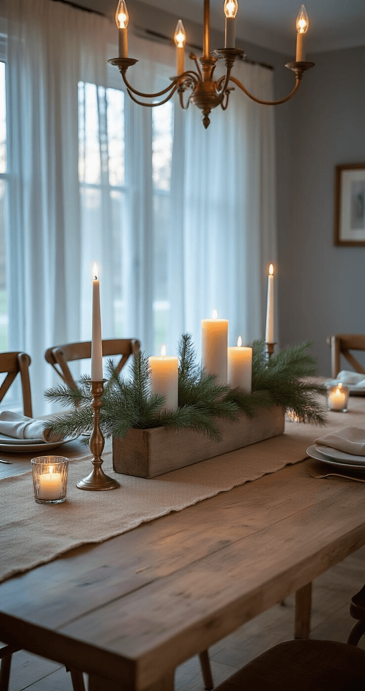 How to Transform Your Home with Non-Christmas Winter Decor That Actually Looks Good Photorealistic dining room at twilight with a farmhouse table set with cedar branches and white candles, warm dove grey walls, oak floors, and brass chandelier lighting, creating an intimate atmosphere.