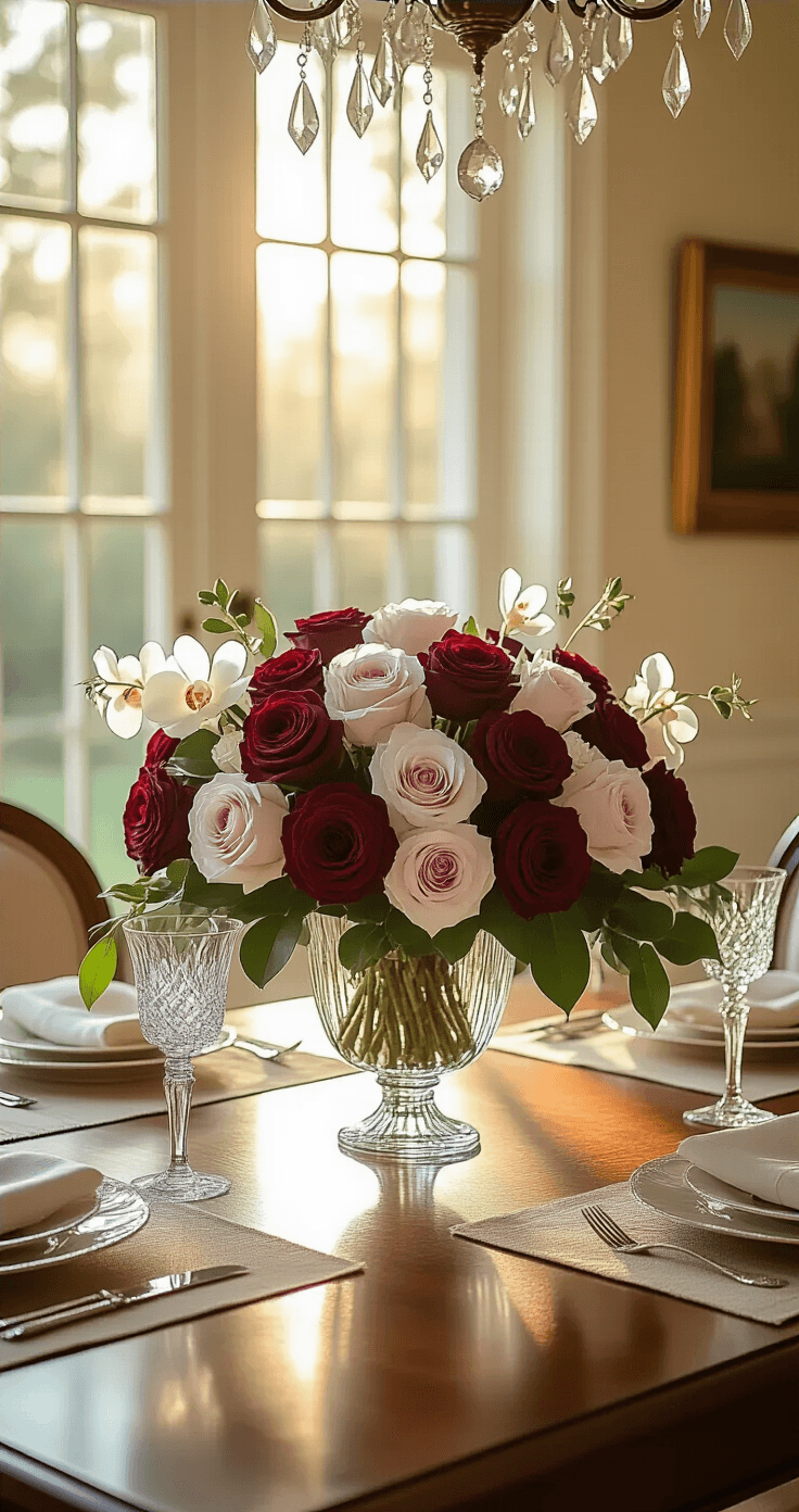 The Real Story Behind Luxury Flowers (And Why They're Worth Every Penny) A sunlit dining room with oversized windows illuminating a mahogany table adorned with a lush floral arrangement of deep burgundy roses, blush peonies, and white orchids in a crystal vase, surrounded by cascading greenery. Soft shadows play across linen placemats and silver candlesticks under a vintage chandelier, creating a warm and romantic atmosphere.