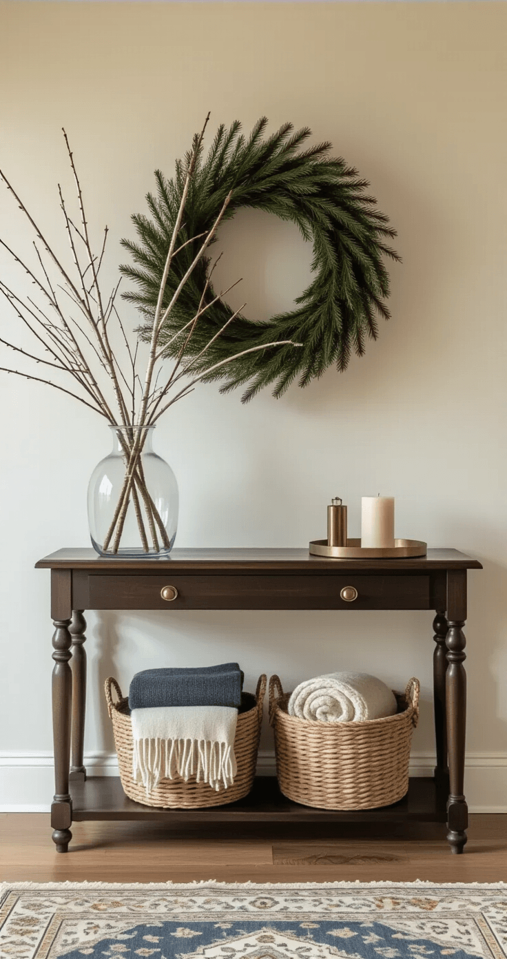 How to Transform Your Home with Non-Christmas Winter Decor That Actually Looks Good Photorealistic entryway vignette with a narrow dark walnut console table topped with a glass hurricane, birch branches, and a brass tray with keys, beneath a pine wreath on cream walls, featuring honey oak floors and a muted Persian runner.
