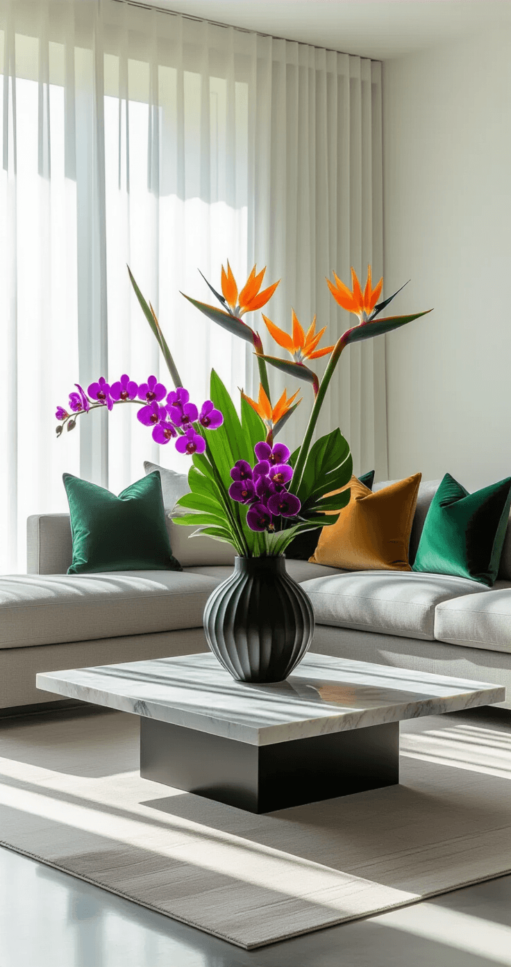 The Real Story Behind Luxury Flowers (And Why They're Worth Every Penny) Modern living room with gray sectional sofa, polished concrete floors, and white walls, featuring a low marble coffee table with orange birds of paradise and purple orchids in a black vase, illuminated by soft morning light through sheer curtains.