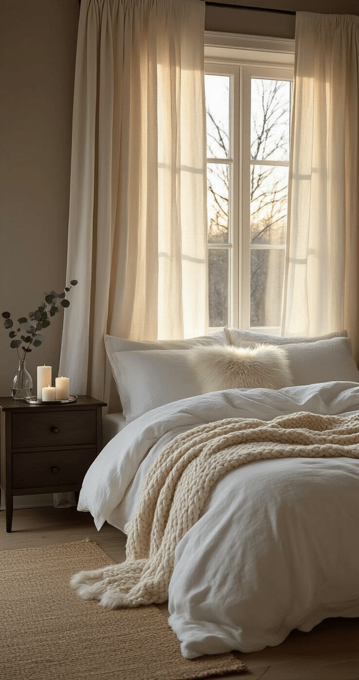 How to Transform Your Home with Non-Christmas Winter Decor That Actually Looks Good Photorealistic bedroom scene at sunrise with soft light filtering through linen curtains, a king bed with white cotton bedding and an oatmeal throw, dark wood nightstand with candles and a glass vase, warm mushroom grey walls, medium oak floors with a jute rug, and a serene atmosphere.