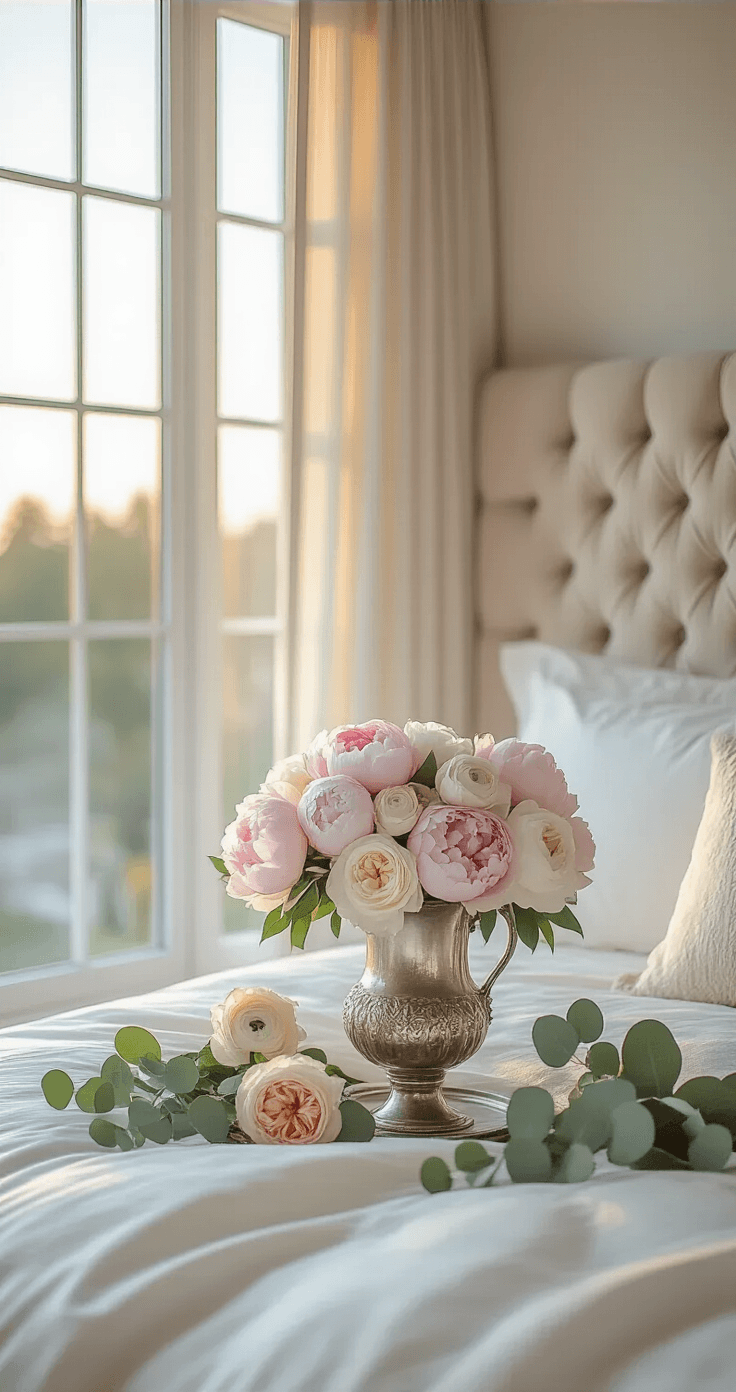 The Real Story Behind Luxury Flowers (And Why They're Worth Every Penny) Elegant bedroom sanctuary at golden hour, showcasing floor-to-ceiling windows, a tufted champagne velvet headboard, and crisp white linens. A nightstand with soft pink peonies, cream garden roses, and white ranunculus in an antique silver vase adds a romantic touch. Eucalyptus sprigs trail gracefully, with soft diffused lighting creating gentle shadows and a serene, luxurious atmosphere.