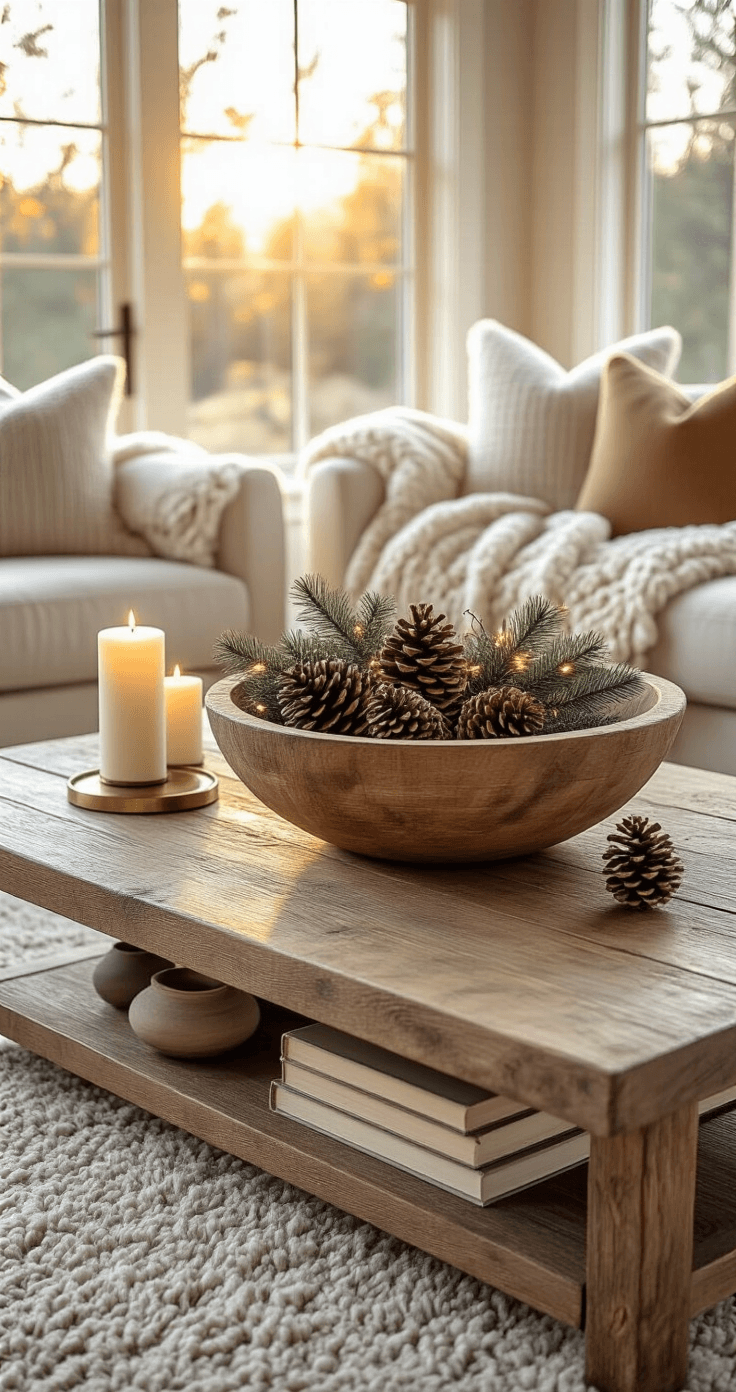 How to Transform Your Home with Non-Christmas Winter Decor That Actually Looks Good Photorealistic flat lay of a warmly styled coffee table featuring a reclaimed wood centerpiece with pinecones, LED lights, and fresh pine, alongside a vintage brass scale with candles, natural-toned books, and ceramic vessels, all bathed in golden afternoon light.