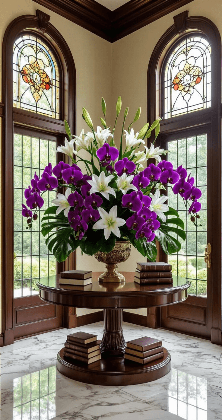 The Real Story Behind Luxury Flowers (And Why They're Worth Every Penny) A luxurious foyer featuring soaring ceilings and marble floors, with a round mahogany console table adorned with deep purple orchids, white lilies, and glossy monstera leaves, illuminated by natural light through stained glass windows, reflecting in an ornate mirror, enhanced by leather-bound books and brass accessories, creating a sophisticated and dramatic atmosphere.