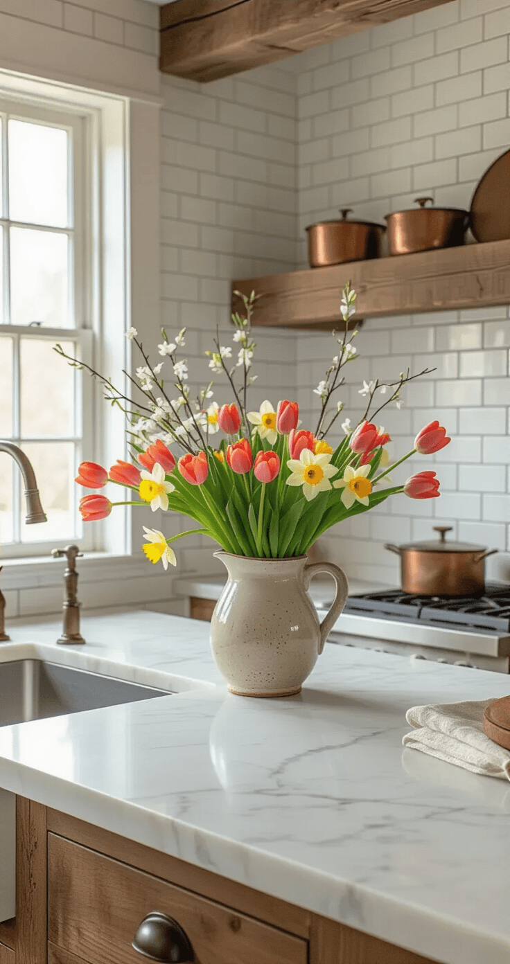 The Real Story Behind Luxury Flowers (And Why They're Worth Every Penny) A bright chef's kitchen with white marble countertops, subway tile backsplash, and fresh seasonal blooms in a rustic pitcher, featuring coral tulips and yellow daffodils, set against exposed wooden beams and vintage copper pots, capturing a harmonious blend of culinary workspace and natural beauty.