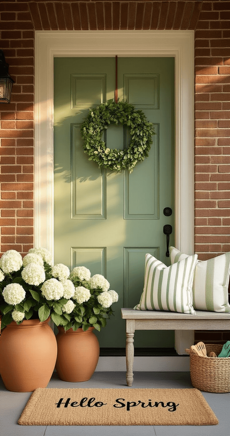 Your Front Door is Begging for a Spring Makeover—Here's Exactly How to Do It Photorealistic exterior shot of a sage green front door with a eucalyptus wreath, flanked by terracotta planters overflowing with white hydrangeas and sweet potato vine, illuminated by golden hour lighting. A natural coir doormat reading 'Hello Spring' and a weathered wooden bench with striped pillows are also featured.