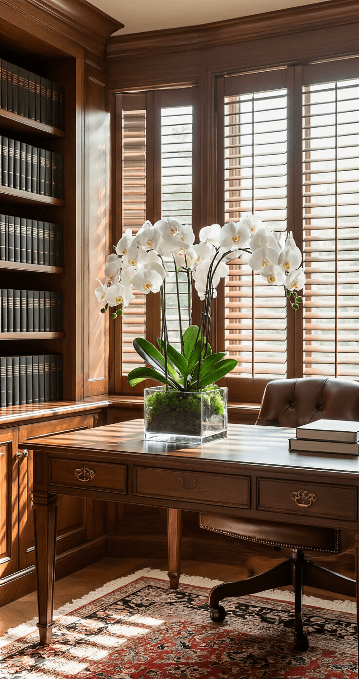 The Real Story Behind Luxury Flowers (And Why They're Worth Every Penny) A sophisticated home office study featuring built-in walnut bookshelves filled with leather-bound volumes, a meticulously arranged clear glass vase containing white orchids and deep green foliage on a desk, and afternoon light creating linear shadows through plantation shutters, all anchored by a rich Persian rug.