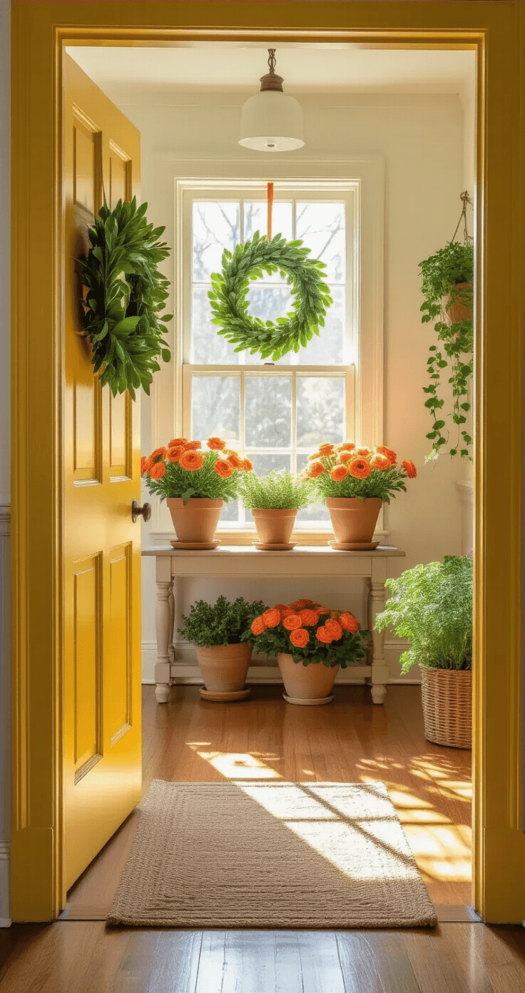 Your Front Door is Begging for a Spring Makeover—Here's Exactly How to Do It A view through an open yellow door into a bright hallway, featuring a console table with sunset orange ranunculus in clay vessels, a eucalyptus wreath, and trailing ivy, illuminated by morning light that highlights hardwood floors and outdoor spring decor.