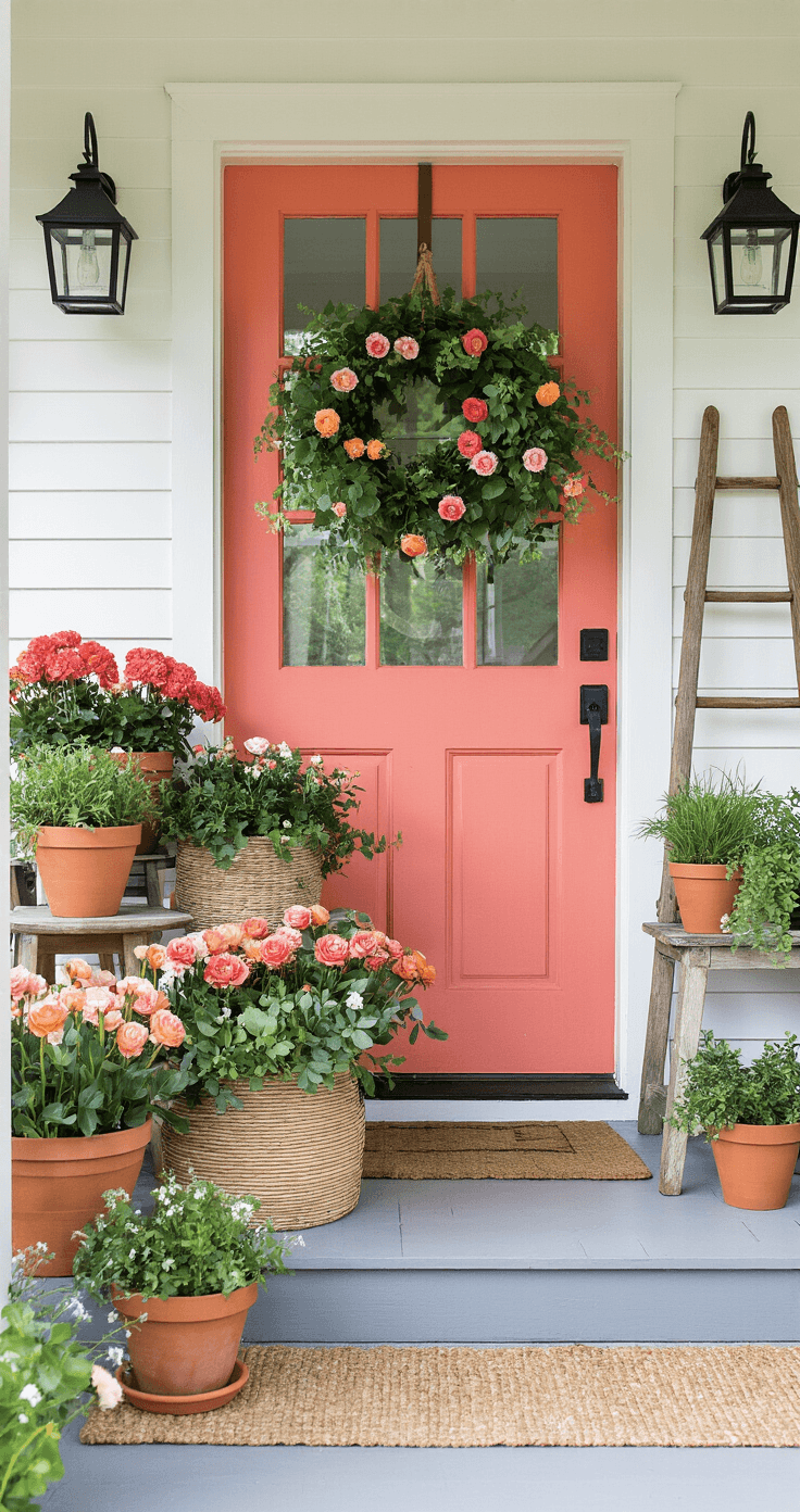 Your Front Door is Begging for a Spring Makeover—Here's Exactly How to Do It Wide exterior shot of a front porch featuring a coral pink door, terracotta planters with geraniums and ranunculus, a woven basket with spring flowers, navy blue lanterns, and a vintage wooden ladder with potted herbs, all under soft overcast lighting.