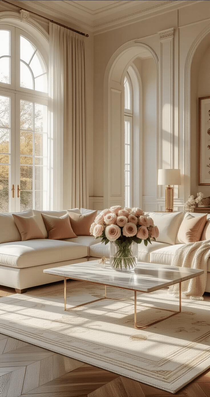 The Prettiest Flowers That'll Make Your Home Look Like a Million Bucks (Without Spending It) Luxurious living room featuring a blush pink rose arrangement in a crystal vase on a marble coffee table, illuminated by morning light from floor-to-ceiling windows, with a cream linen sectional sofa, mahogany side tables, and a plush ivory area rug, all arranged in a sophisticated and romantic atmosphere.