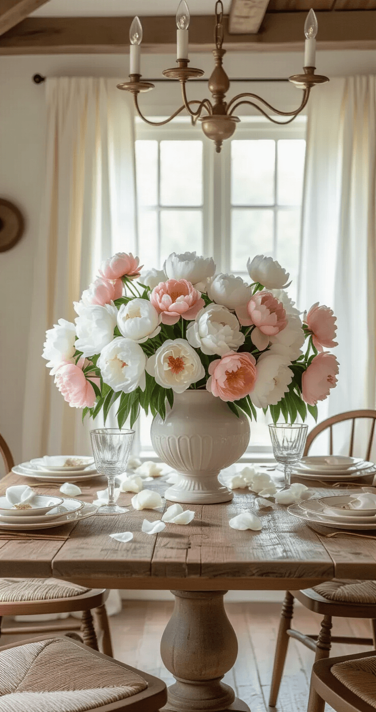 The Prettiest Flowers That'll Make Your Home Look Like a Million Bucks (Without Spending It) A bright dining room featuring a dramatic centerpiece of white and coral peonies in a ceramic vessel on a rustic oak table, surrounded by Windsor-style chairs, with soft afternoon light filtering through sheer curtains and a warm vintage chandelier above.